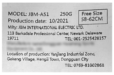 Label inside of helmet with model and date information